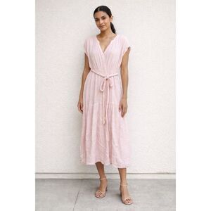 XIRENA Pink Cotton Gauze Midi Dress Tie Waist V-Neck Tiered Boho Size Small